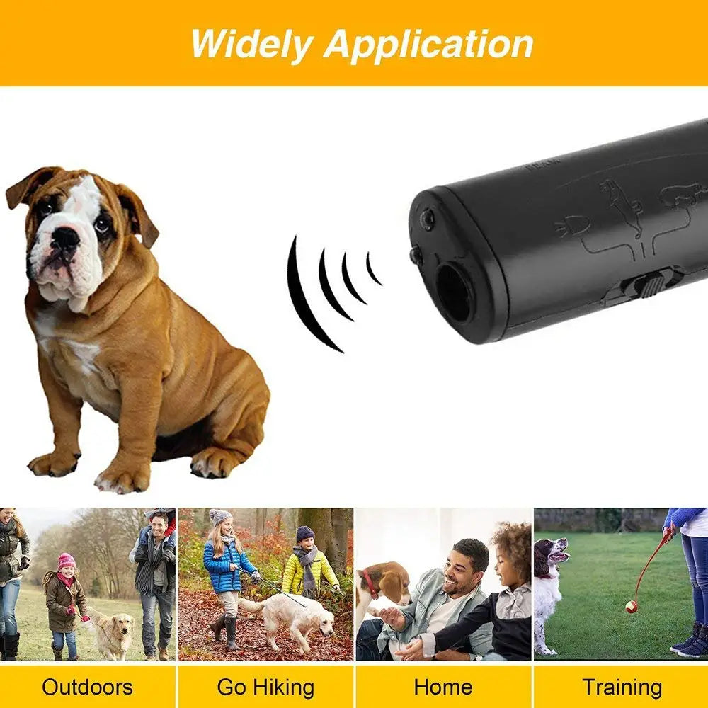 Un entraîneur de chien ultrasonique et une lampe torche sont présentés avec un chien, montrant son application dans les activ