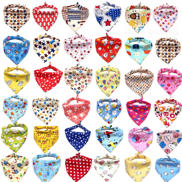 A collection of colorful patterned dog bandanas and scarves for medium and large dogs.