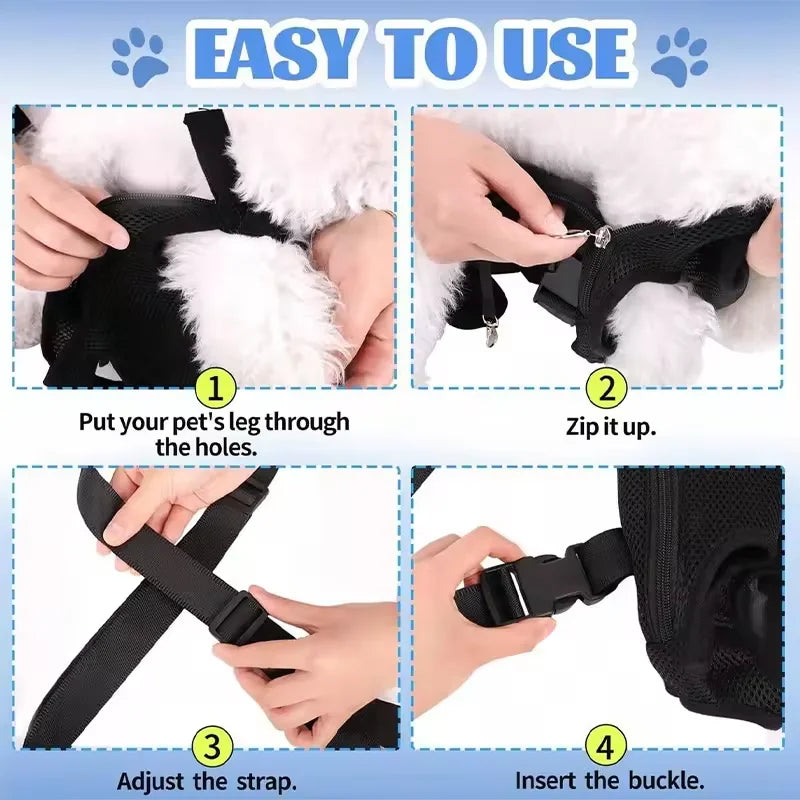 Step-by-step instructions showing how to put a pet's leg through the holes, zip it up, adjust the strap, and insert the buckl