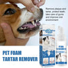 Box and bottle of Pet Foam Tartar Remover for pets with a dog's mouth