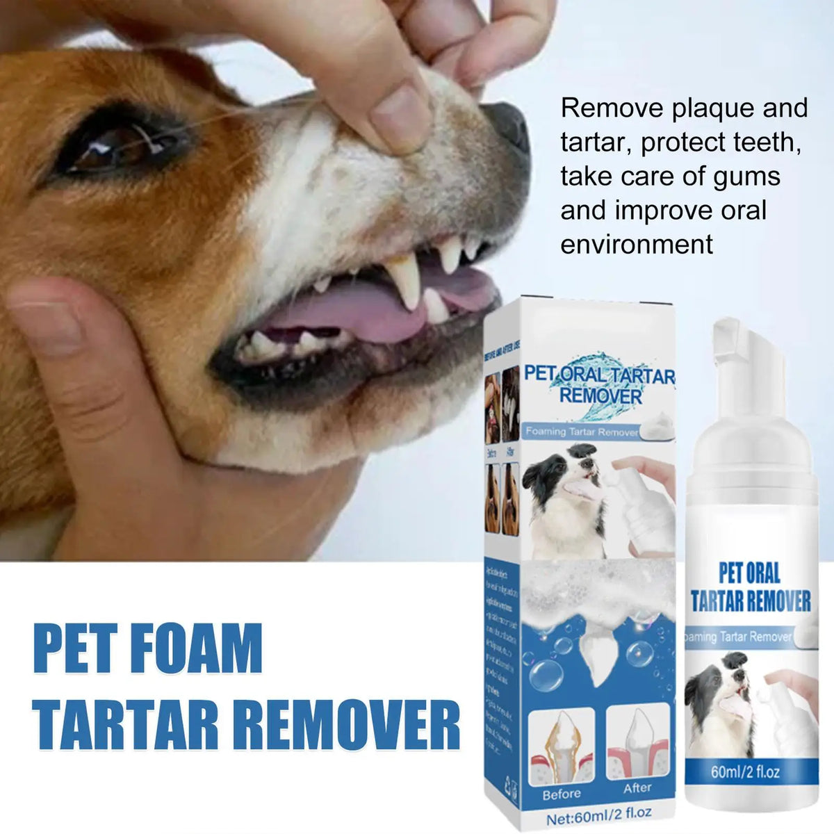 Box and bottle of Pet Foam Tartar Remover for pets with a dog's mouth