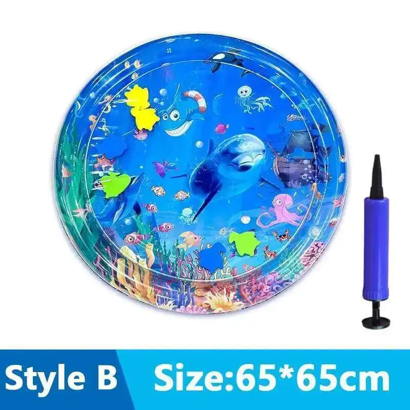 Blue circular sensory water play mat with colorful fish and aquatic life for pets