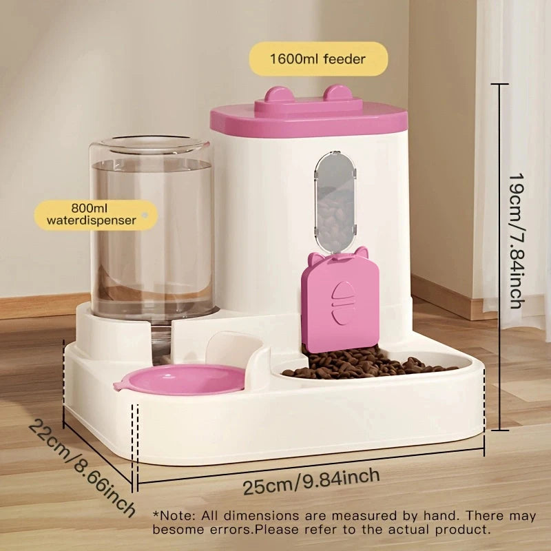 A white gravity-fed pet feeder and water dispenser combo with separate 800ml and 1600ml capacity containers.