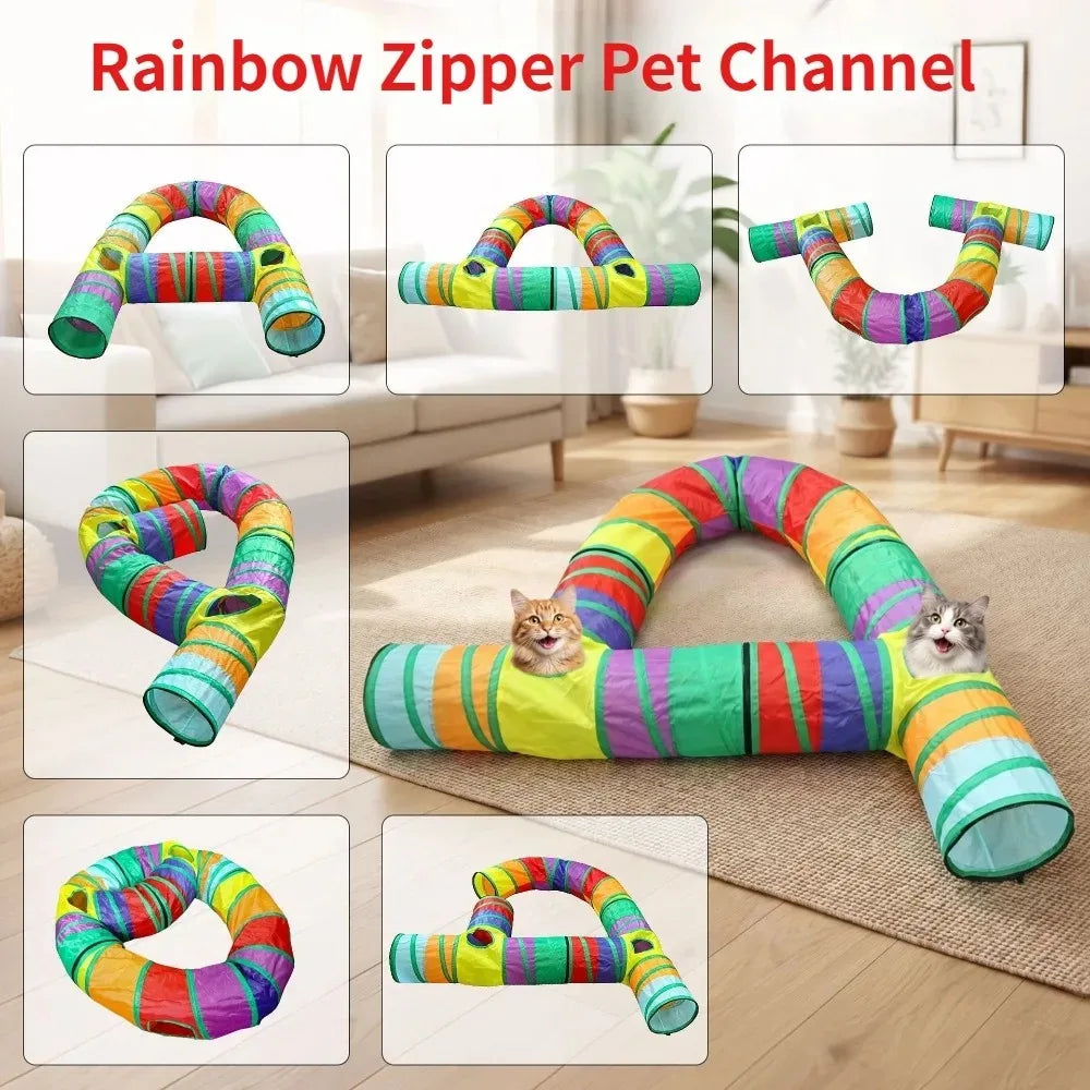 Rainbow zipper pet channel featuring multiple colorful tunnels and entrances for cats.