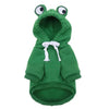 A green frog-shaped hoodie designed for dogs and cats.