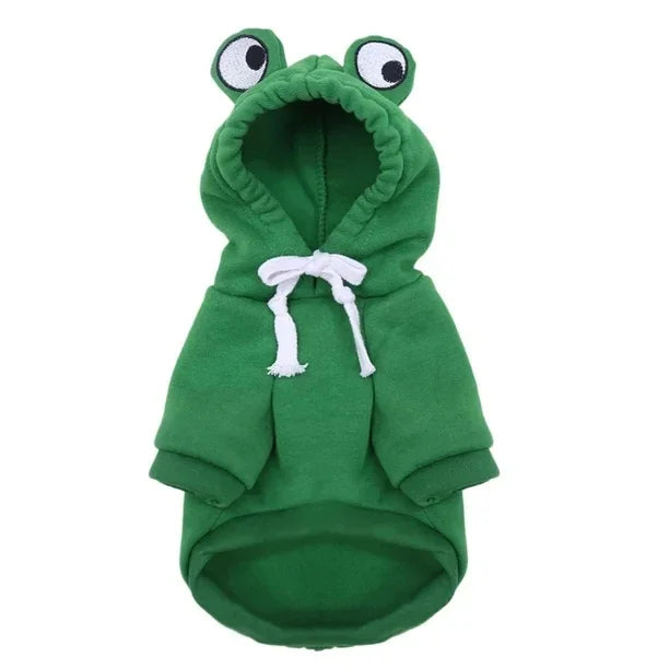 A green frog-shaped hoodie designed for dogs and cats.