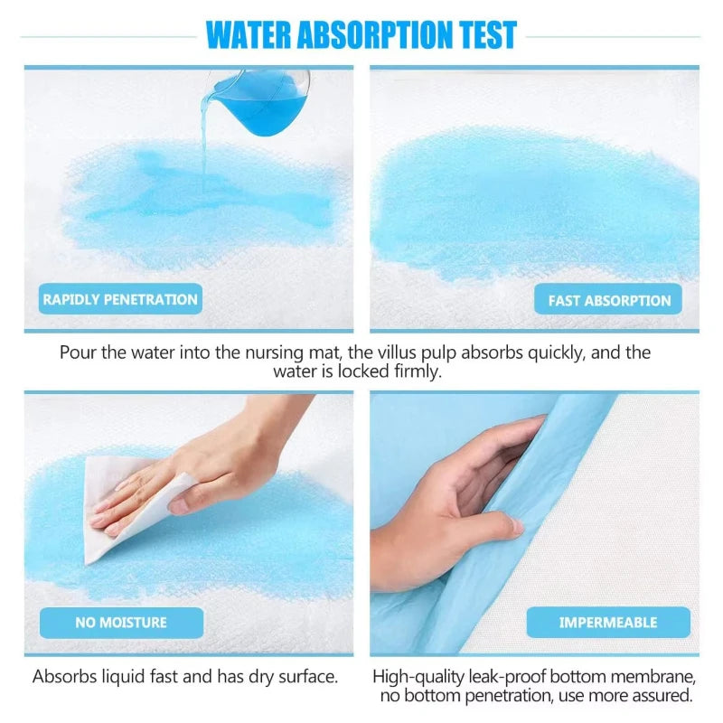 Demonstration of water absorption test showing rapid penetration and fast absorption of liquid into a nursing mat.