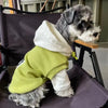 A small dog wearing a light green hooded winter coat and white trim sitting in a dark-colored pet carrier.