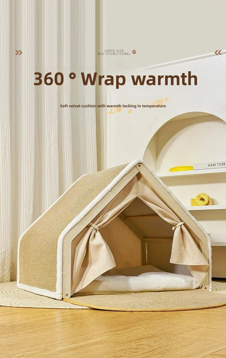 A beige wooden cat nest with a semi-enclosed bed and scratching board, designed for 360° wrap warmth.