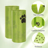 Green biodegradable extra-thick dog poop bags shown in various forms demonstrating tear, cartoon character, and resilience.