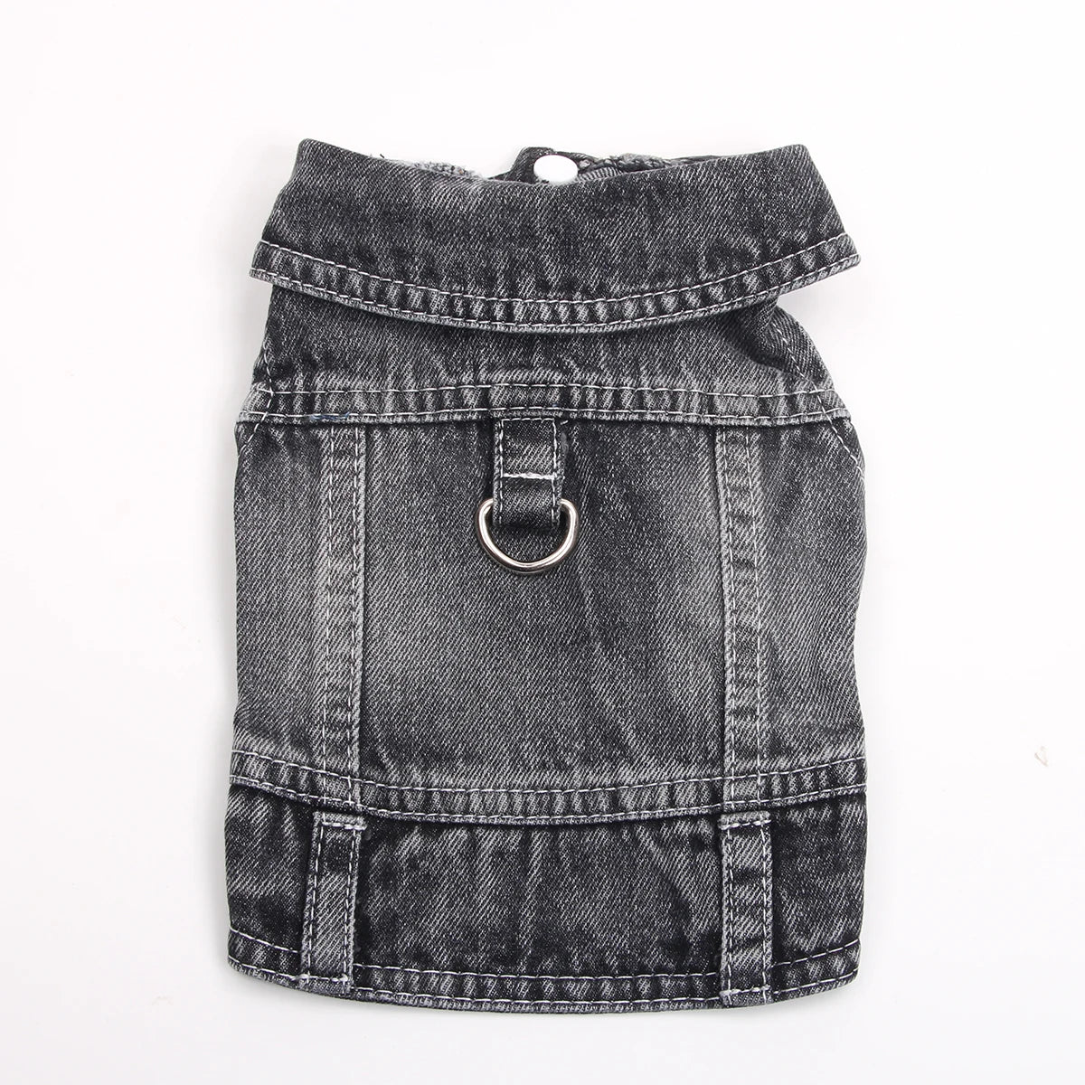 Dunkelgraue Jeansjacke für Hunde mit Klappverschluss und sichtbarer Naht.