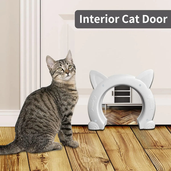 A white interior cat door with a clear flap is shown next to a tabby cat on a wooden floor.