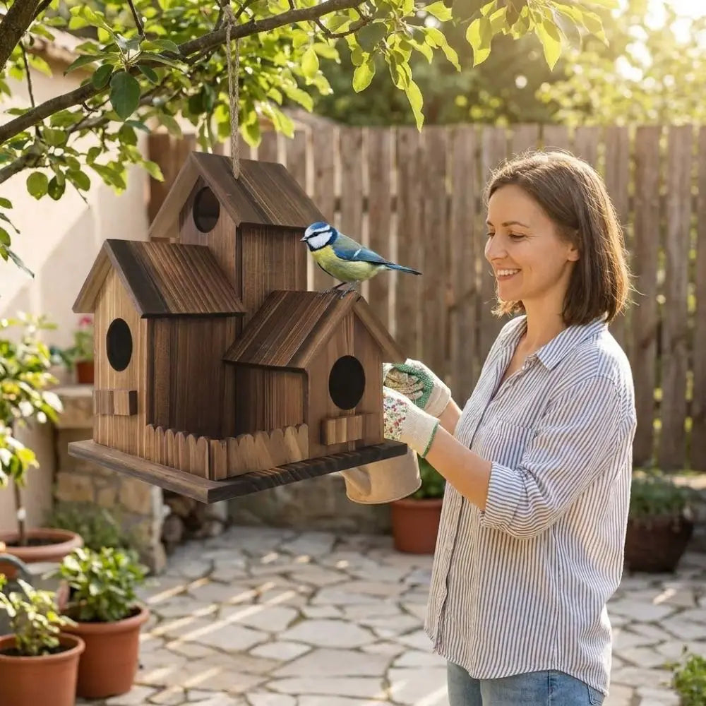 A woman is holding a rustic wooden bird house for garden decor outdoors.