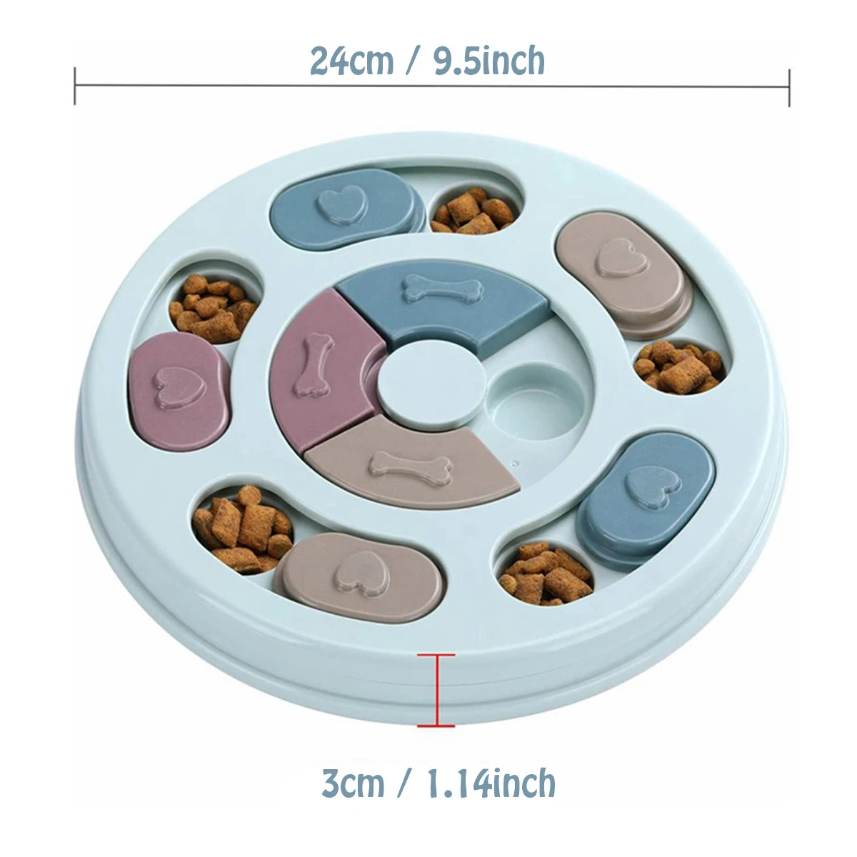 A round silicone slow feeder bowl with various shaped compartments for dog treats and food.