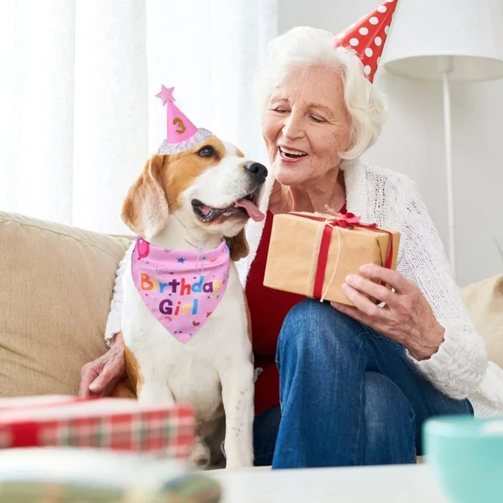 An elderly woman smiles while holding a dog wearing a pink birthday hat and bowtie set.