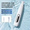 A white waterproof portable dog grooming trimmer is shown submerged in water with features like LED lighting and an intellige