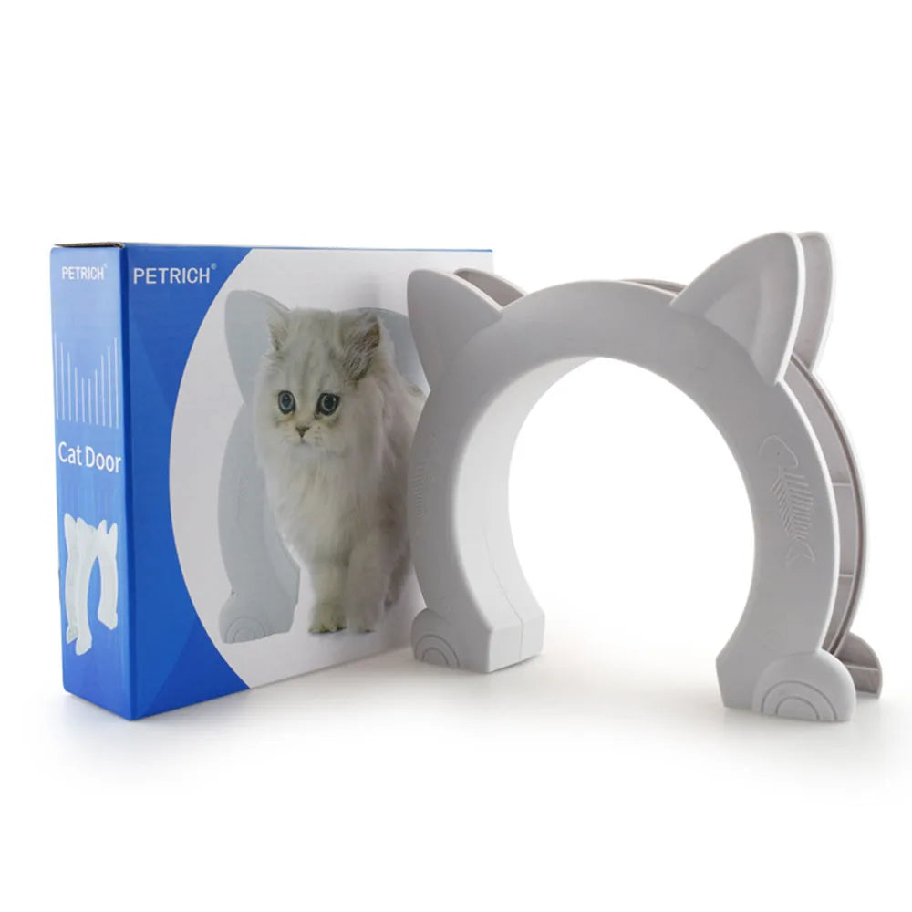 A box and an interior cat door arch designed for easy installation, featuring a clear flap.