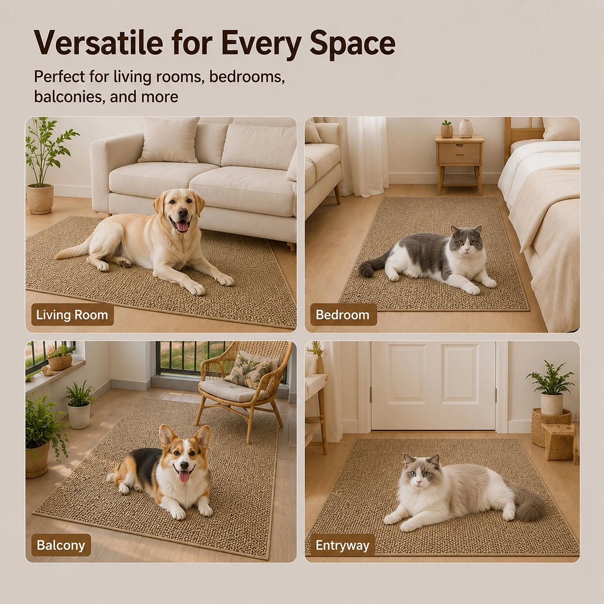 A collection of faux sisal cat scratching mats shown in various settings including living rooms, bedrooms, balconies, and ent