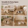 A collection of faux sisal cat scratching mats shown in various indoor settings including living rooms, bedrooms, balconies, 