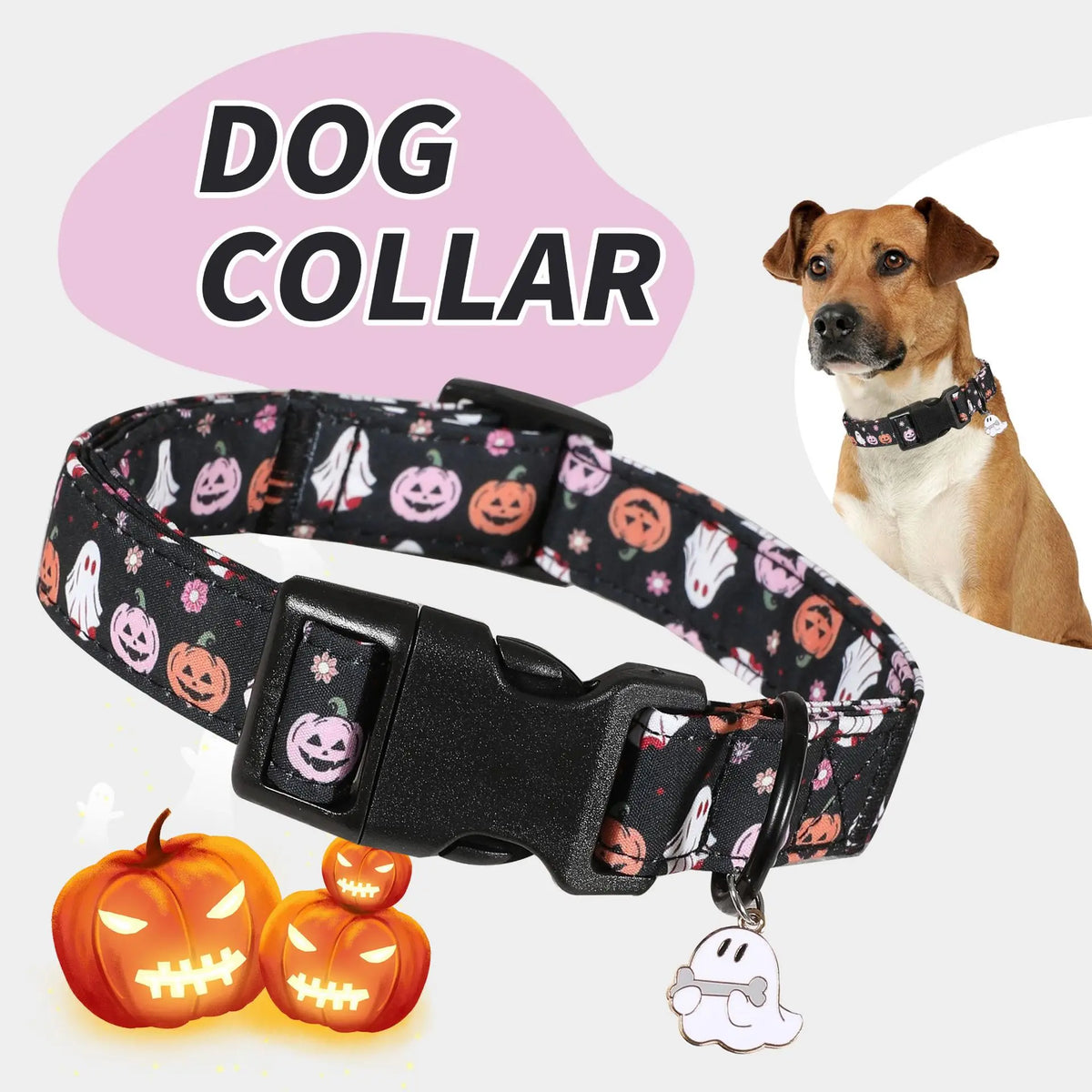 A black dog collar decorated with Halloween pumpkin patterns and featuring a ghost charm.