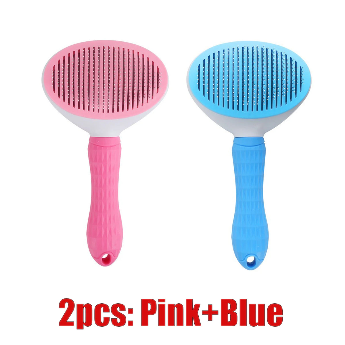 Two self-cleaning pet hair brushes, one pink and one blue.