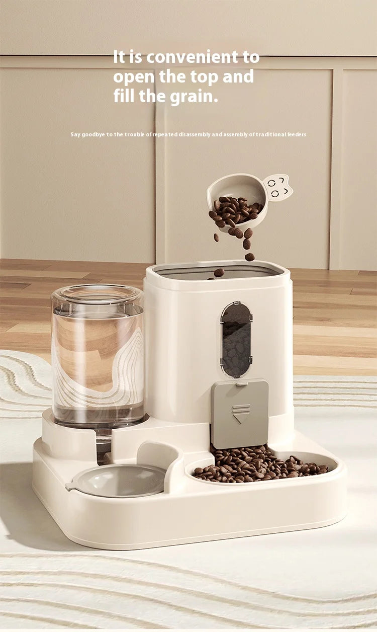 A white gravity pet feeder and water dispenser set for cats and small dogs is shown on a wooden surface.