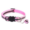 Pink and gray reflective nylon pet collar with a black cat charm and a silver bell attached.