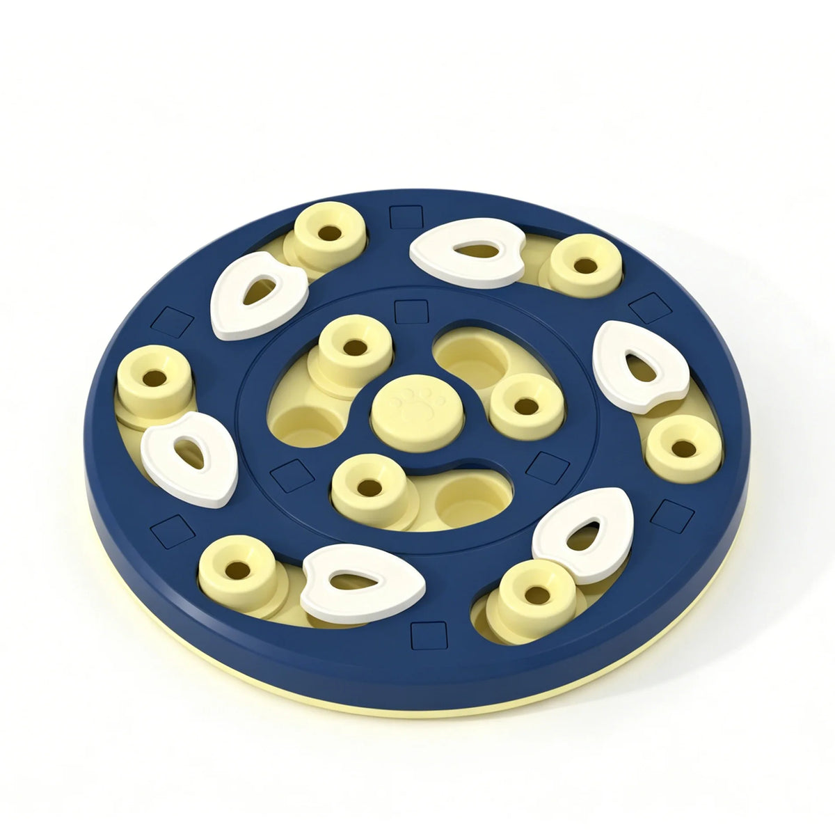 A blue puzzle feeder bowl with multiple interlocking puzzle pieces for cats and small dogs.