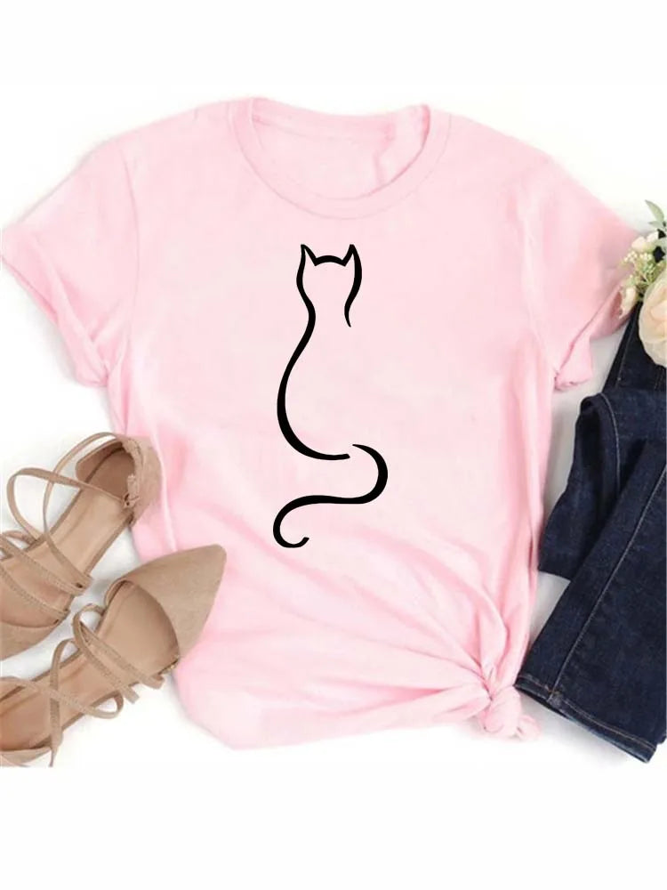 Women Kawaii Cats Print Summer Cartoon T Shirt