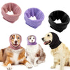 Three colored soundproof dog ear muffs shown with dogs, including a brown and white dog, a white cat, and a light-colored dog
