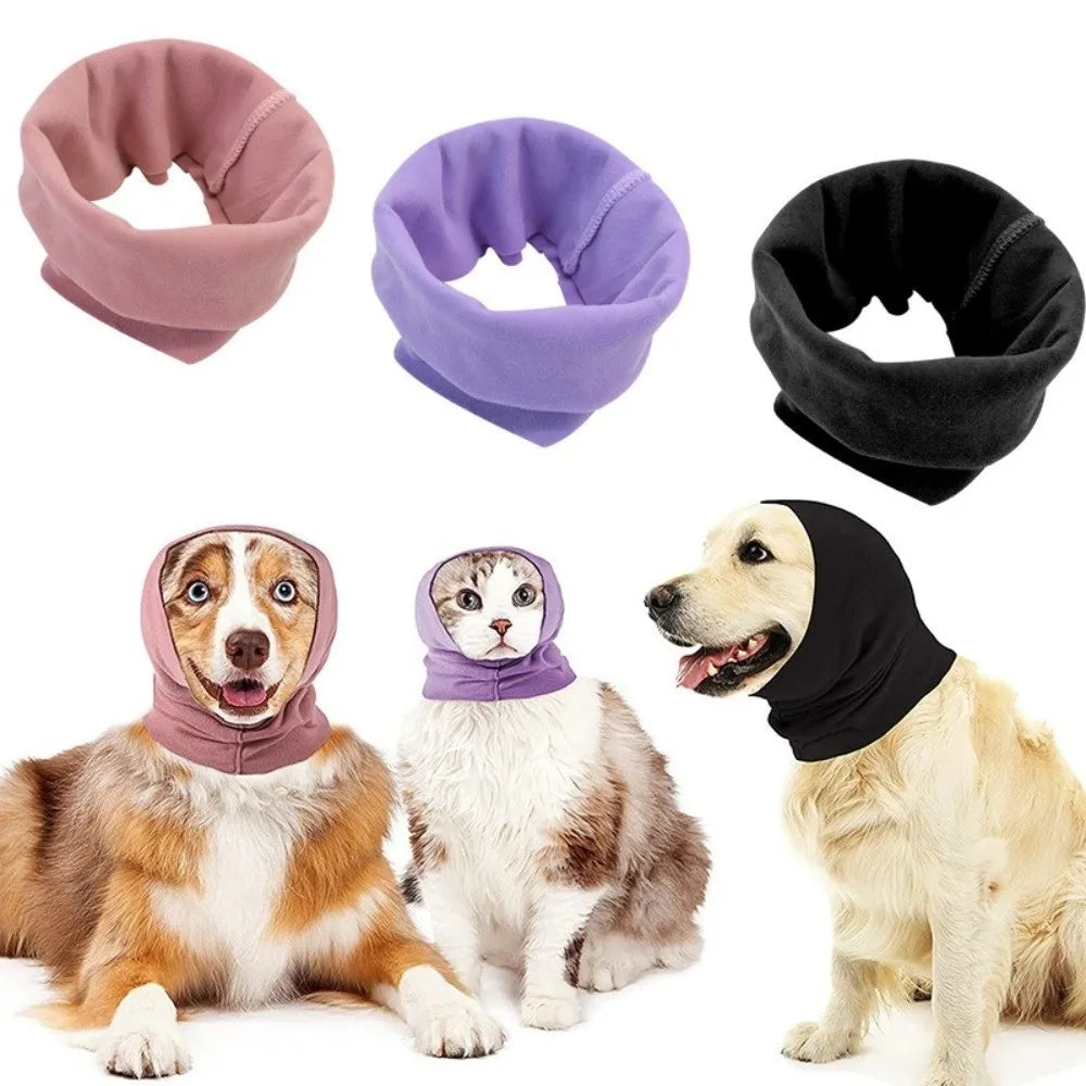 Three colored soundproof dog ear muffs shown with dogs, including a brown and white dog, a white cat, and a light-colored dog