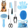 Eine Sammlung von Haustierpflege-Werkzeugen, darunter ein Hundskopf, verschiedene Bürsten, Nagelscheren und Schere und Gummi-