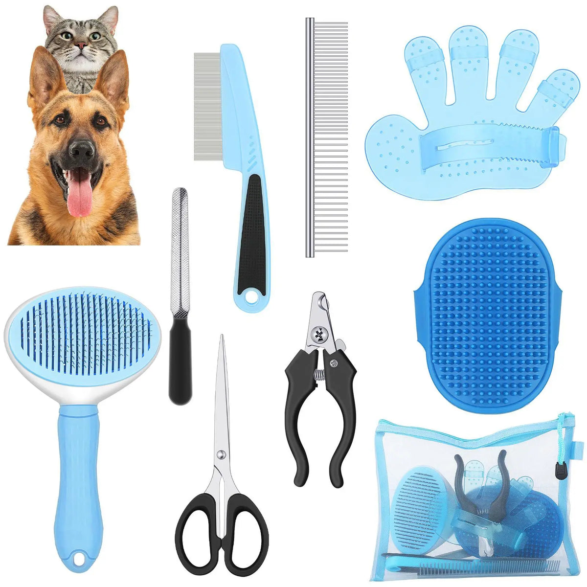 Eine Sammlung von Haustierpflege-Werkzeugen, darunter ein Hundskopf, verschiedene Bürsten, Nagelscheren und Schere und Gummi-