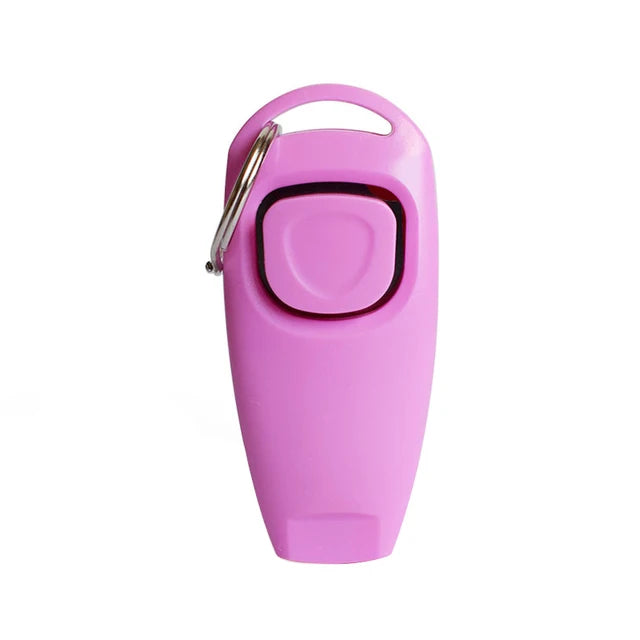 A pink 2-in-1 dog training clicker and whistle attached to a key ring.