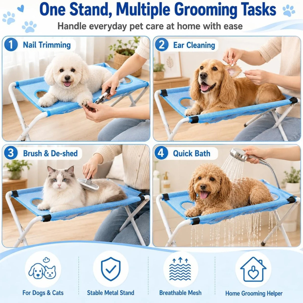A set of foldable pet grooming hammocks for various tasks including nail trimming, ear cleaning, brushing, and bathing dogs a