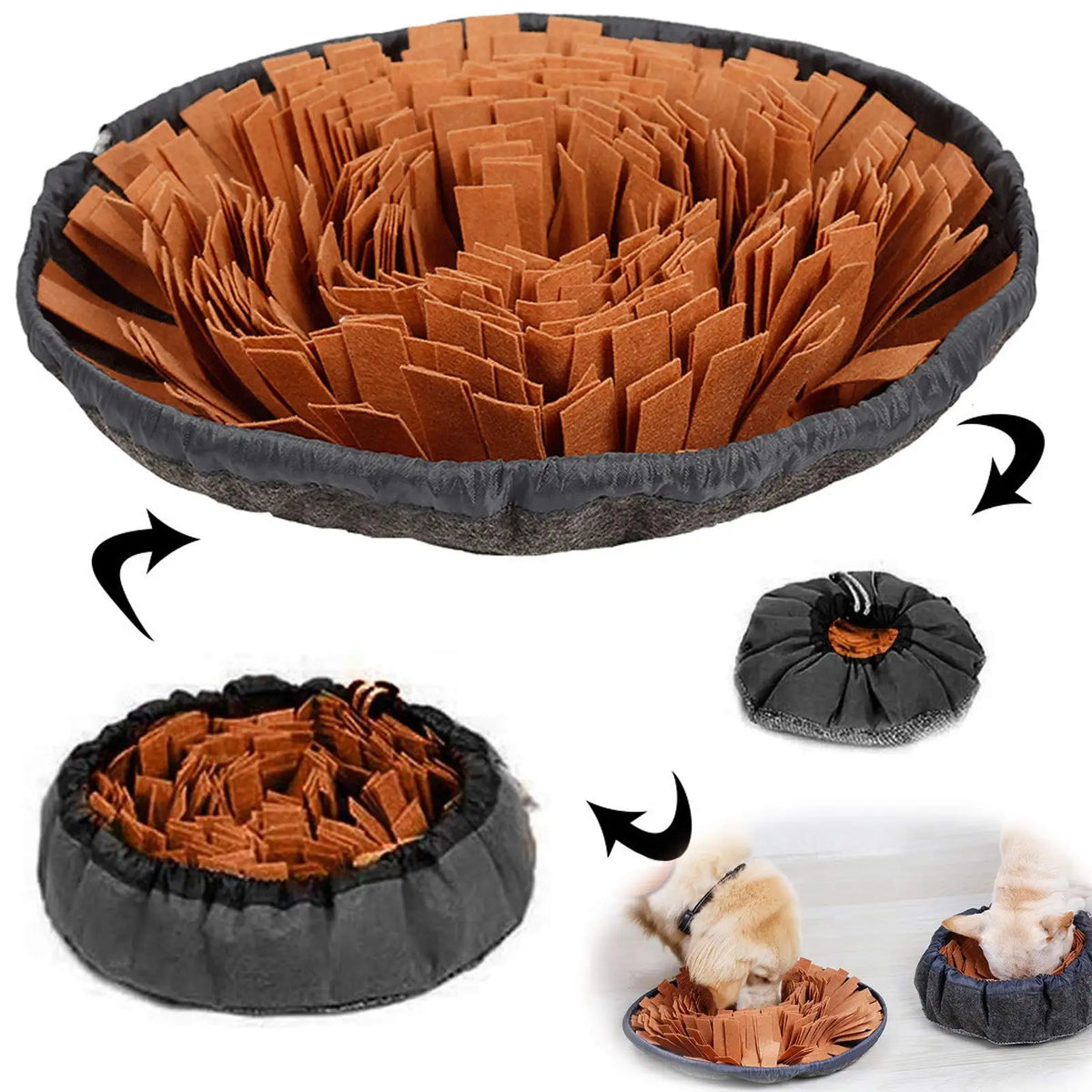 A snuffle mat for dogs showing various ways to use the interactive feeding mat with orange and gray fabric.