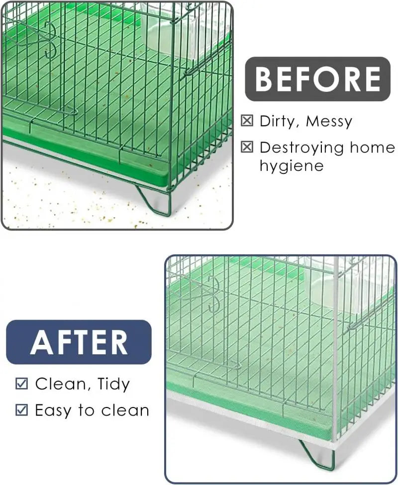 Before and after comparison of a breathable mesh bird cage cover showing the difference between dirty/messy and clean/tidy.