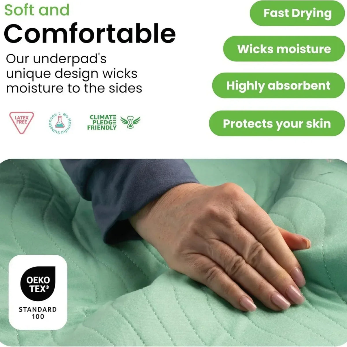A hand is touching a green quilted fabric product, highlighting its soft and comfortable features.