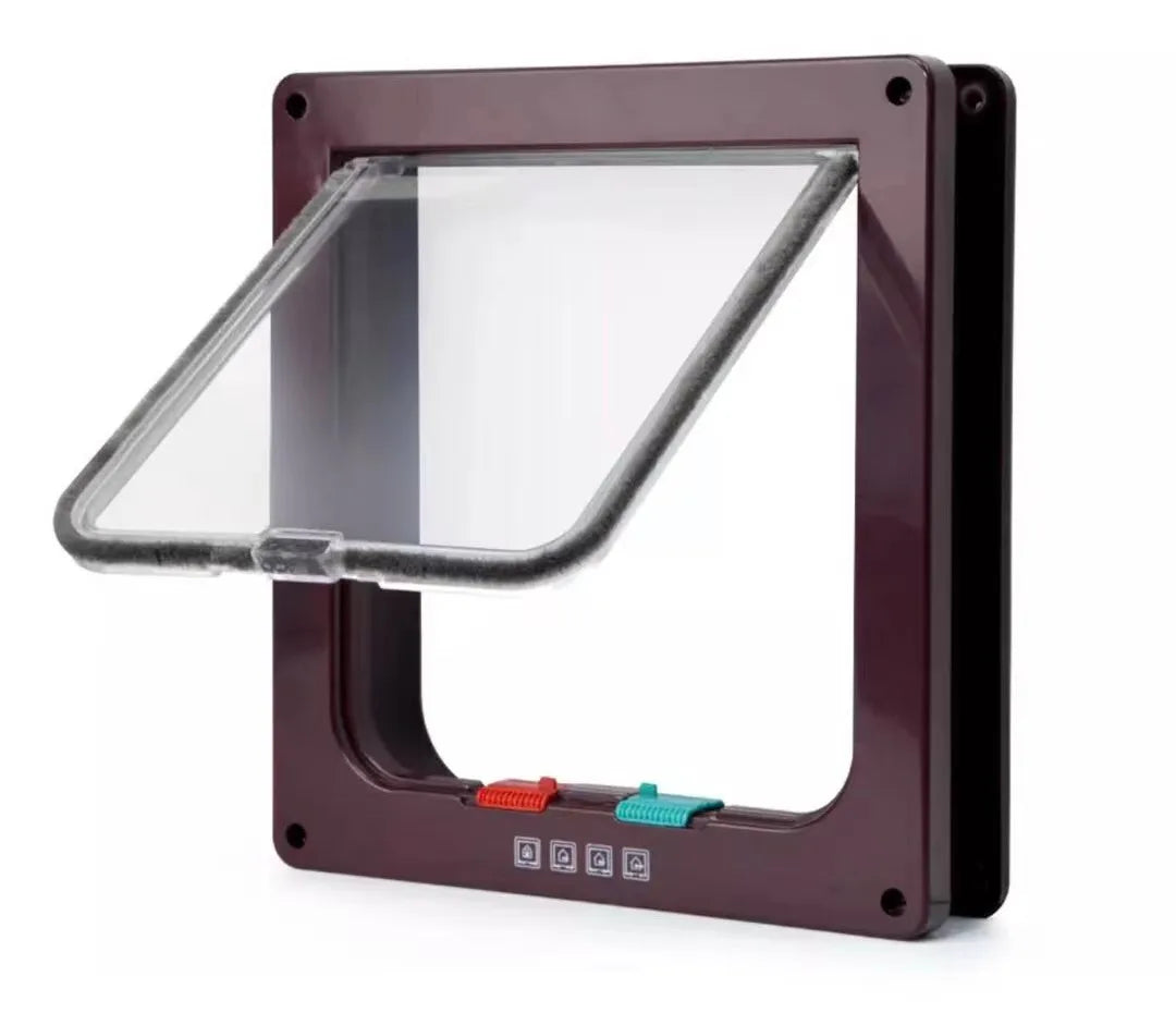 A dark brown two-way pet door with a clear safety flap, shown in a square frame.
