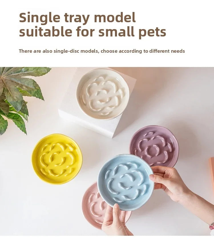 Ceramic Elevated Cat Bowl with Slow Feeder Design