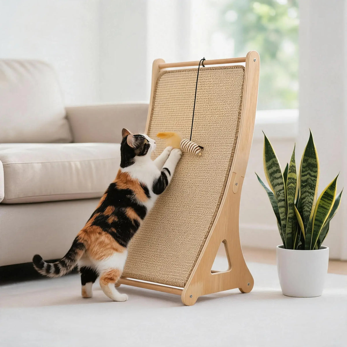 Un gato atigrado usa un rascador vertical de sisal natural para jugar en interiores en una sala de estar luminosa.