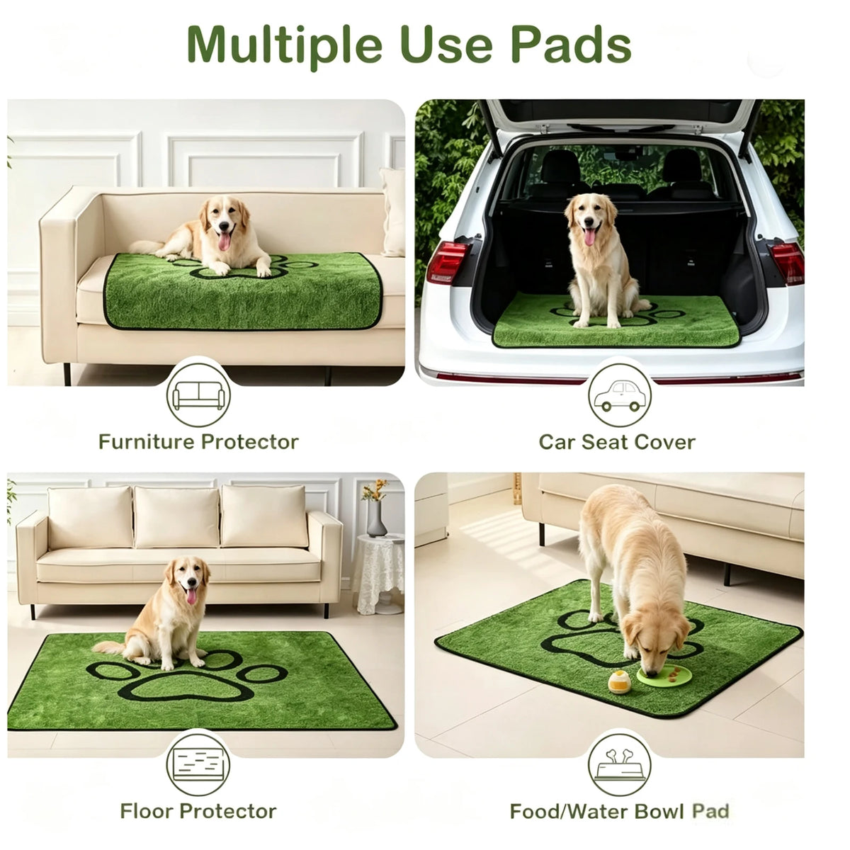 Multiple use pads for pets including furniture, car seats, floors, and bowls