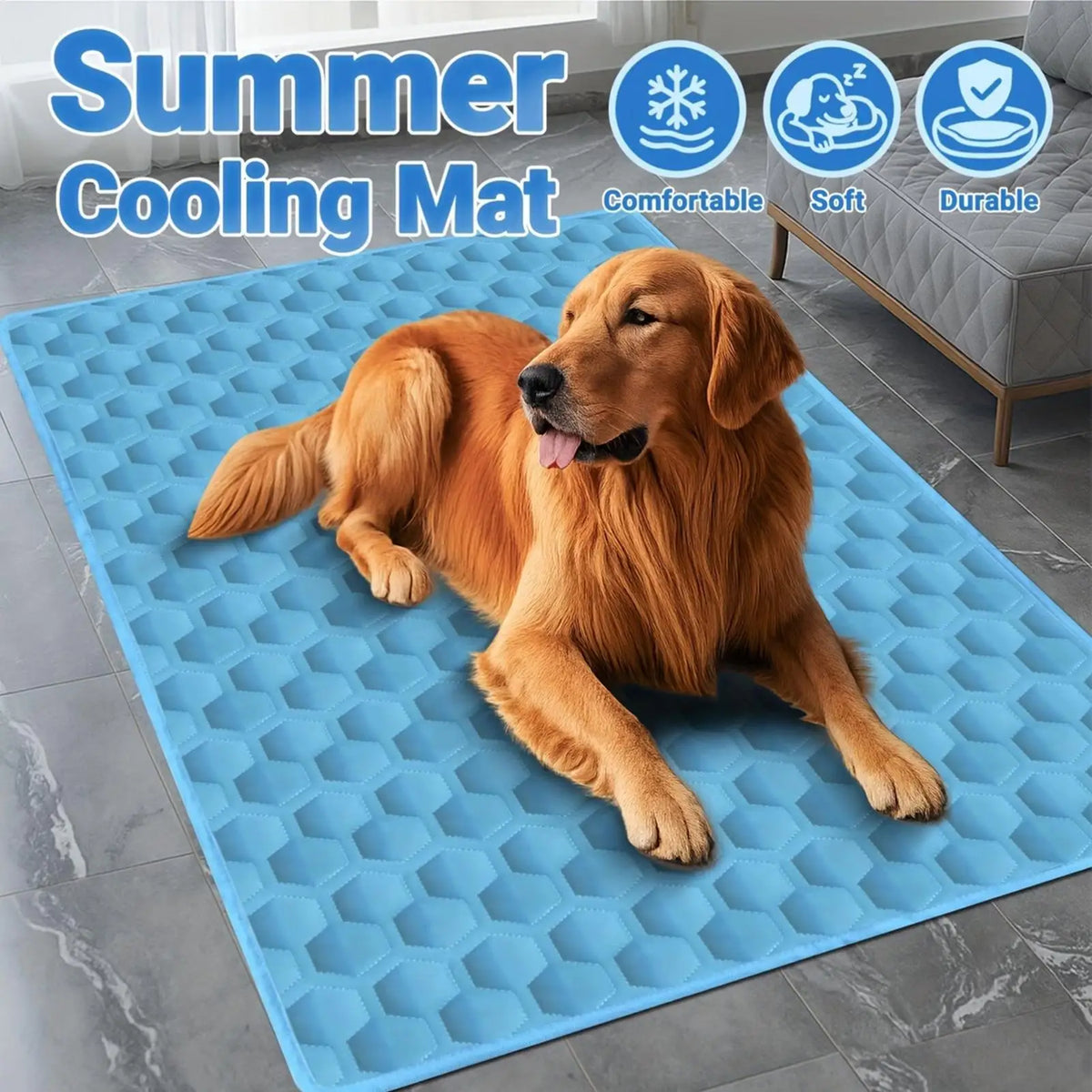 A golden retriever dog lying on a blue cooling mat with icons indicating comfort, softness, and durability.