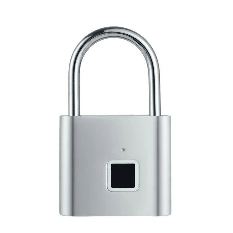 A silver biometric fingerprint padlock with a curved shackle and a square keypad.