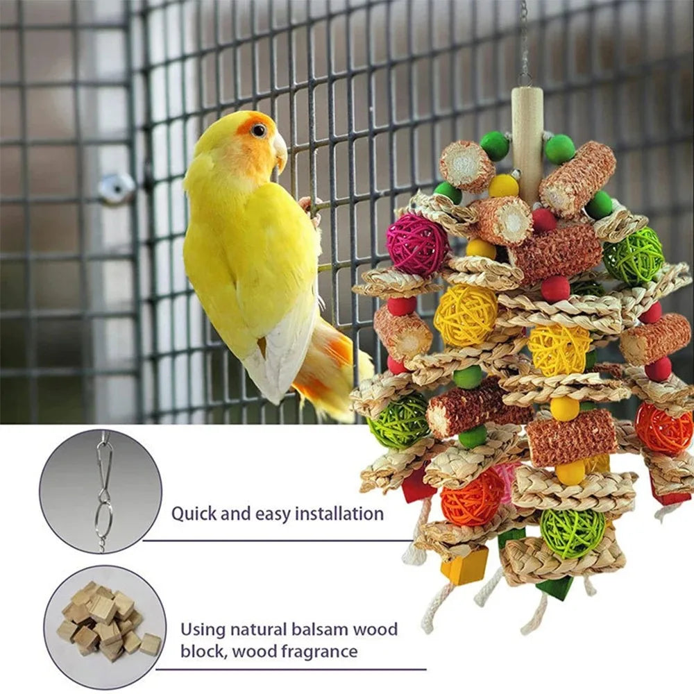 Wooden Bird Swing Toy with Chewing Beads for Parrots and Budgies