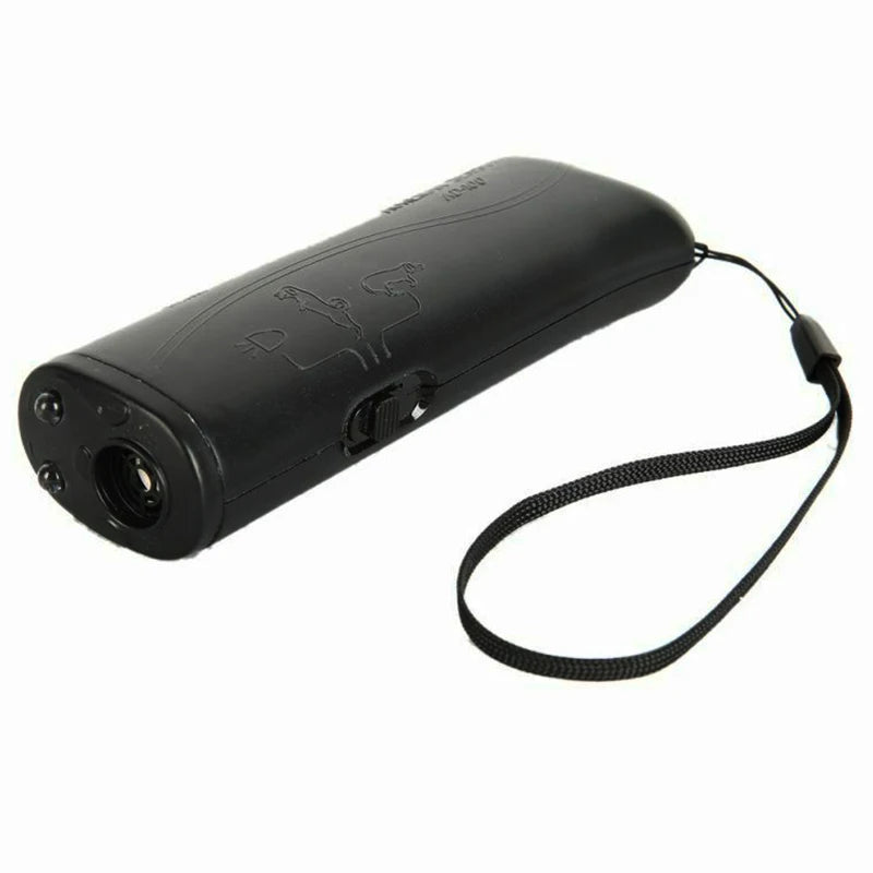 Black ultrasonic dog deterrent device with a strap and an LED flashlight.