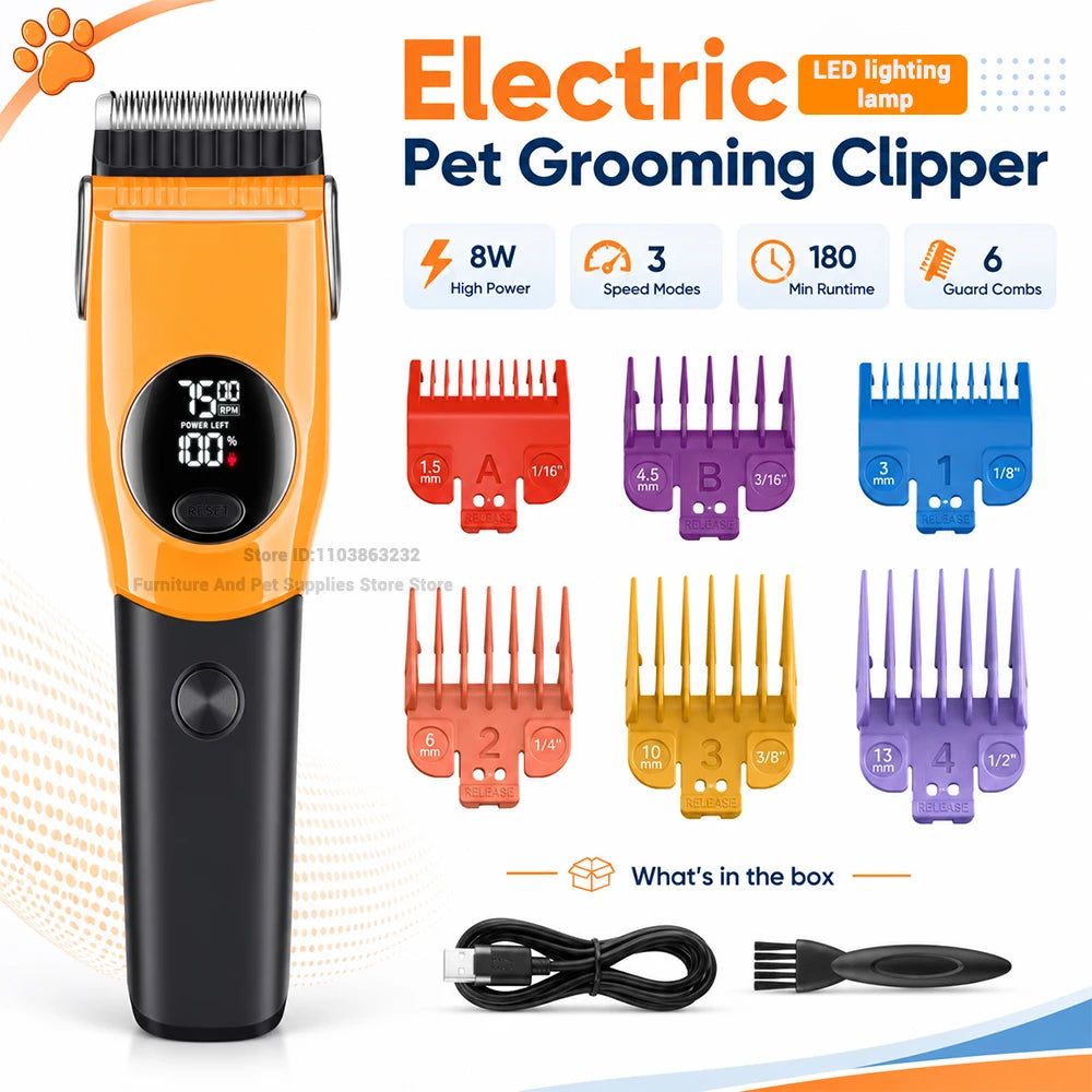 Professional Cordless Pet Grooming Clipper with LED Light and 6 Guide Combs