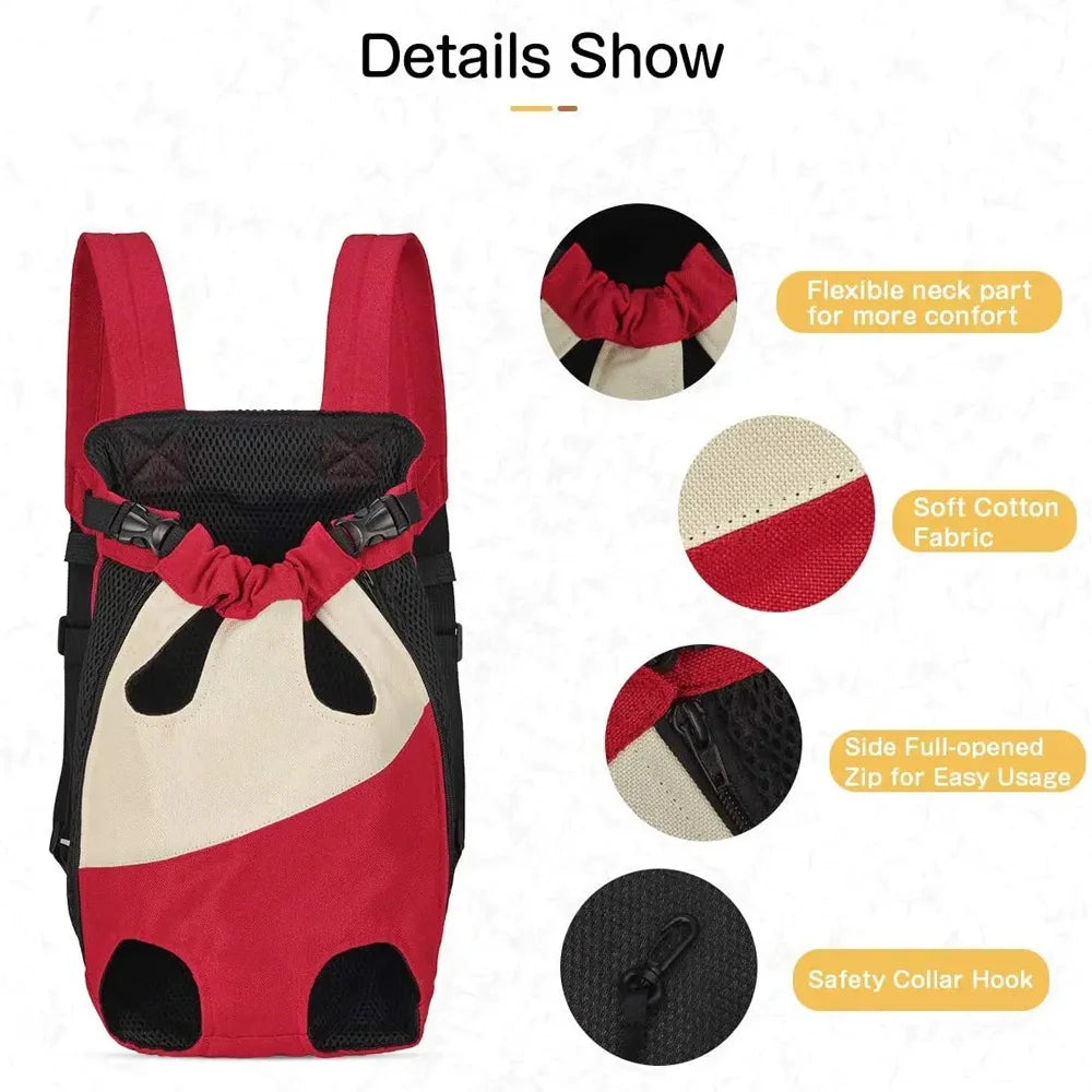 Red and black breathable mesh pet carrier backpack with a safety collar hook
