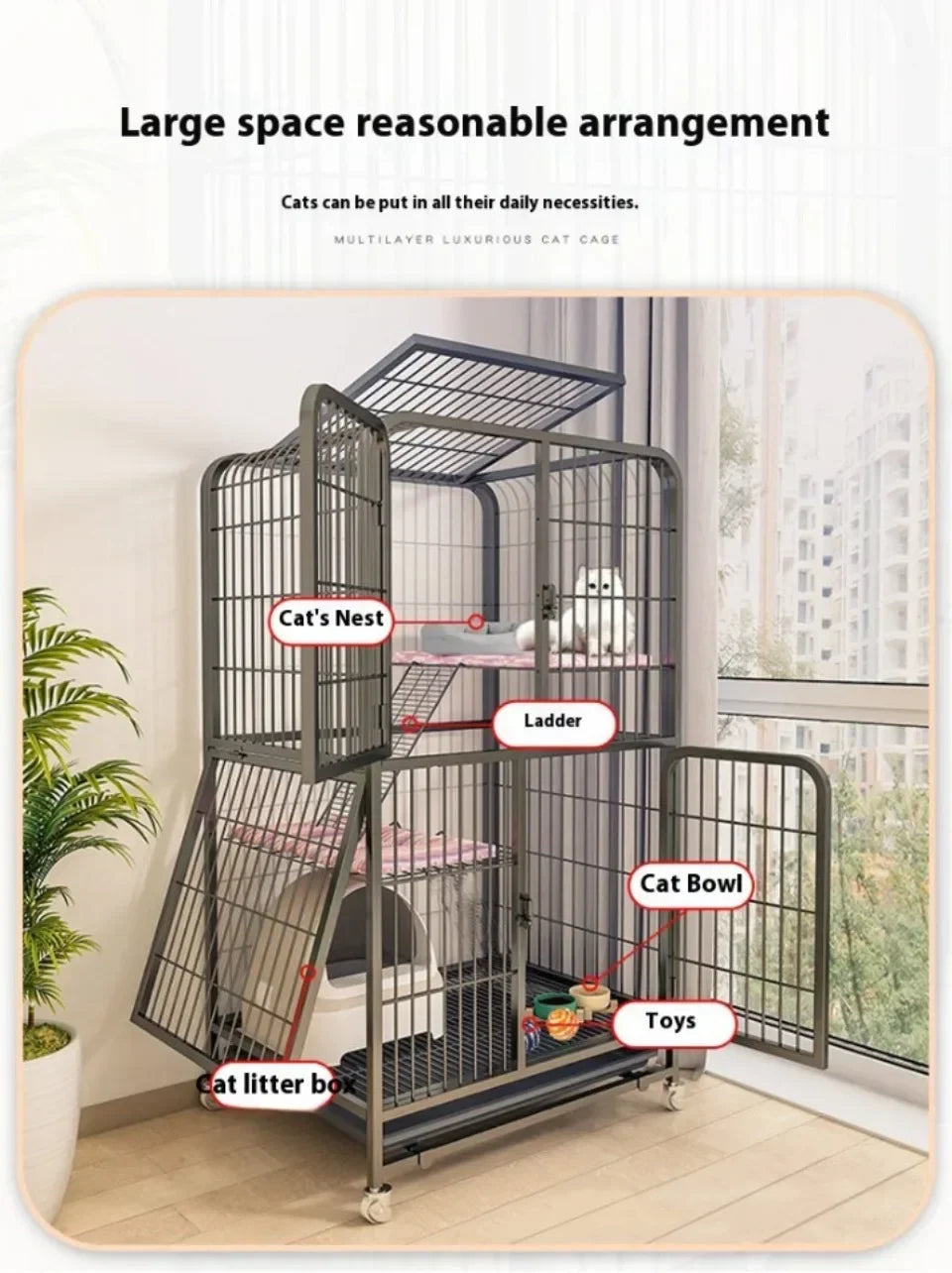 Cage pour chat luxueuse à plusieurs niveaux avec nid, échelle, bol et litière, dans un cadre métallique gris.
