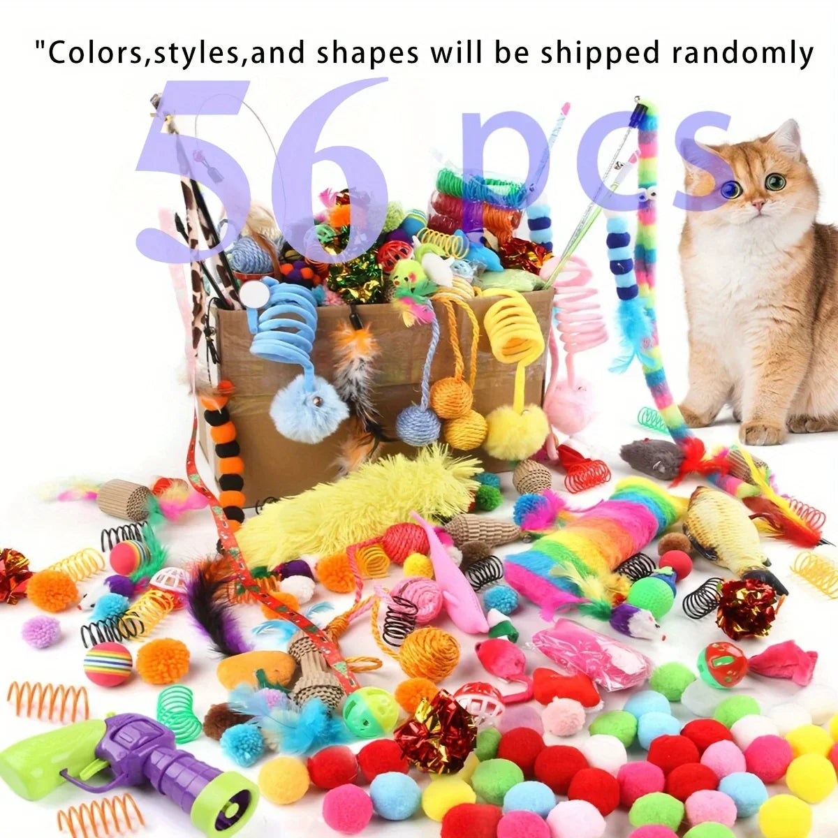 A pile of assorted colorful yarn and fabric toys for cats, including pom-poms, ribbons, and string toys.